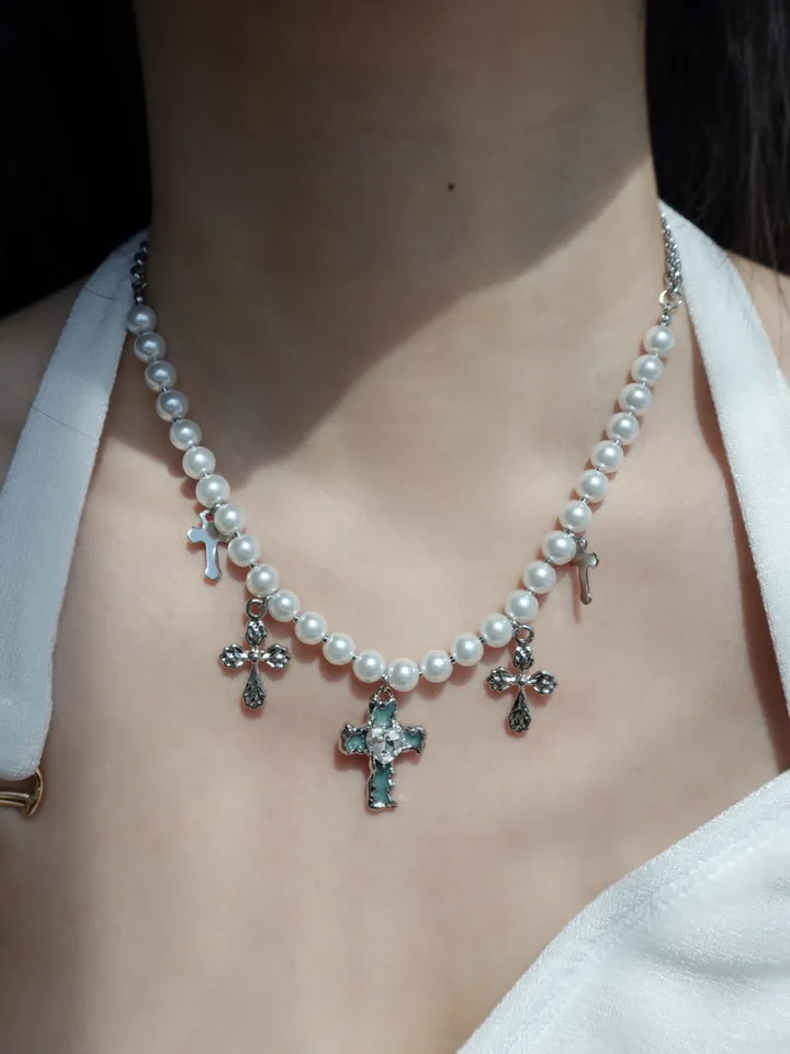 blue cross necklace | 블루 하트 십자가 진주 목걸이 상세 이미지 19