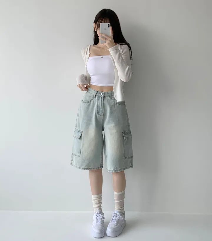 후기극찬![핏보장❤︎/힙무드/~XL] 이브닝 빈티지 힙 워싱 하이웨스트 와이드 카고 하프 버뮤다 5부 청 반바지 데님 팬츠 빅사이즈 상세 이미지 5