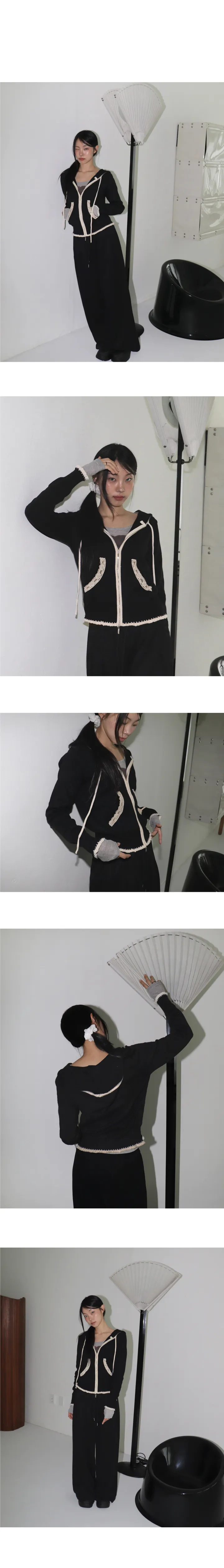 에샤 레이스 배색 투웨이 니트 후드 집업 상세 이미지 5
