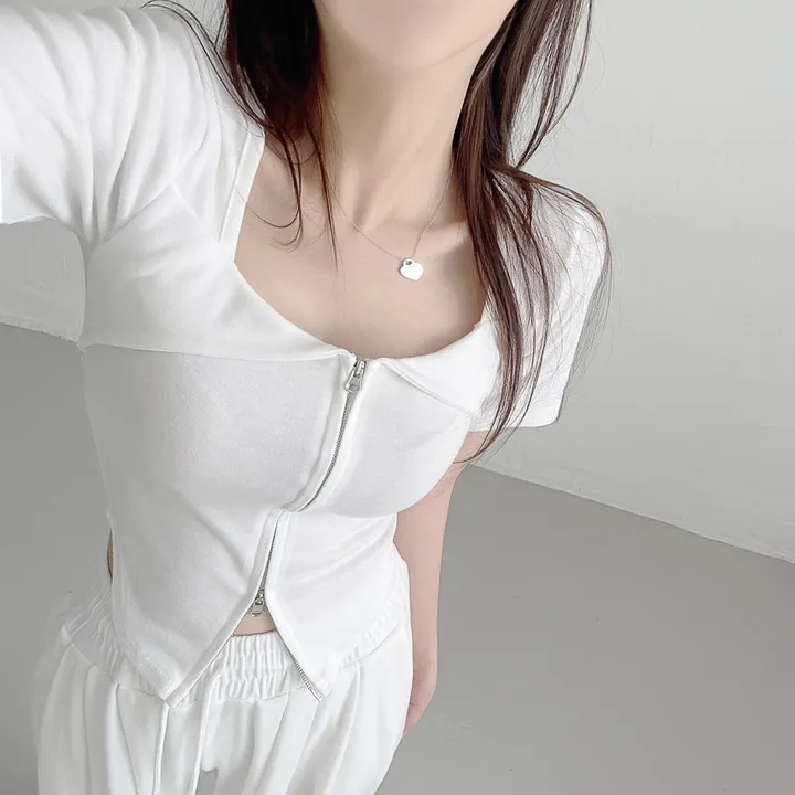 [꾸안꾸🤍/키작녀추천] 촤르르 썸머 레이어드 카라 투웨이 반팔 크롭 집업 + 하이웨스트 핀턱 와이드팬츠 여름 트레이닝 세트 레이온 투피스 티셔츠 상하의 셋업 (3color) 상세 이미지 18