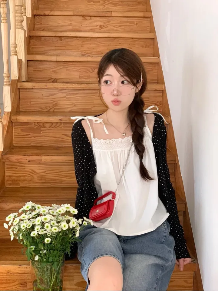 [도트가디건🖤]아떼 여리핏 도트 패턴 코튼 브이넥 롱슬리브 크롭 물결 가디건 3color 상세 이미지 20