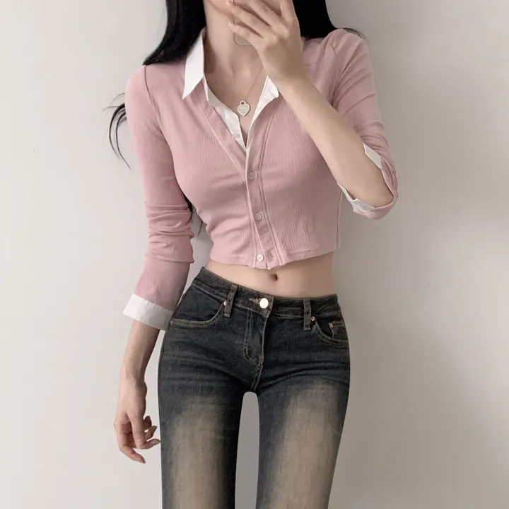 [일체형/하이틴무드] 하이틴 영화 여주인공 골지 가디건 + 크롭셔츠 일체형 레이어드 긴팔 티셔츠 상세 이미지 11