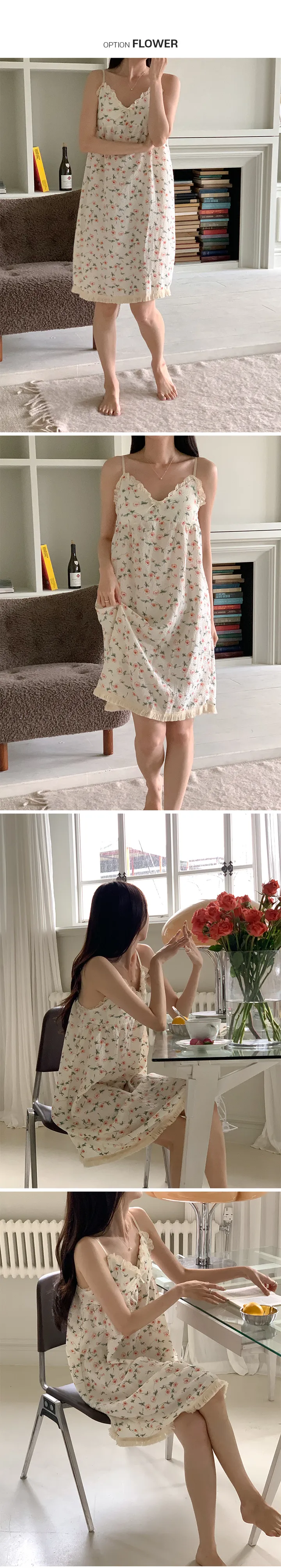 [내장패드/요루면] 피드 레이스 나시 원피스 파자마 여성 홈웨어 민소매 여름 잠옷 홈드레스 리본 프릴 캡내장 캡나시 나비 밑단 수술 no.2027 상세 이미지 8