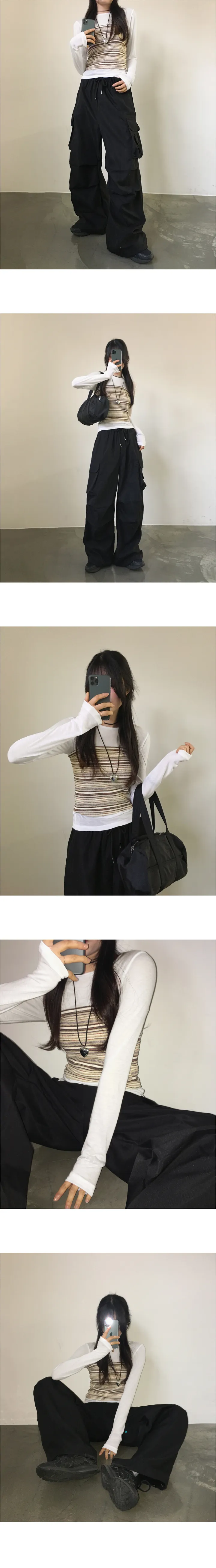 [기본/롱] 가츠 핀턱 셔링 카고 투웨이 더블 미니 포켓 밴딩 롱 와이드 조거 팬츠 상세 이미지 14