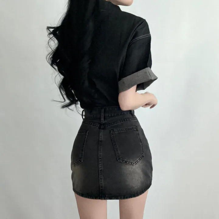 [무채색코디🖤] 오버핏 스티치 반팔 셔츠 + 워싱 흑청 미니 스커트 투피스 코디세트 - 단품,세트선택가능 상세 이미지 9