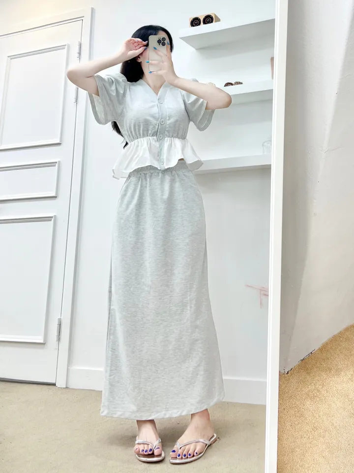 *세트가격+선주문터짐* 어깨패드O 핑키 프릴 퍼프 가디건 + 밴딩짱짱 뒷트임O 롱스커트 (2COLOR) 투피스 트레이닝세트 마실룩 장마룩 레이어드코디 휴양지룩 여행코디 상세 이미지 10