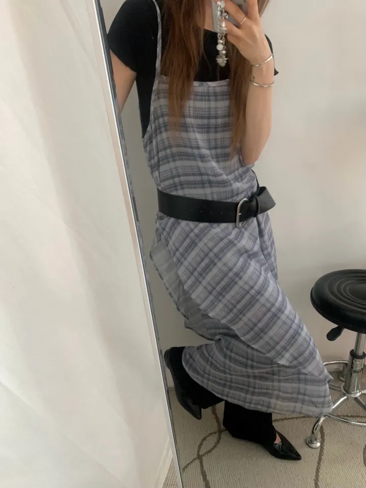 シースルーチェックロングキャミワンピース | ファッション通販