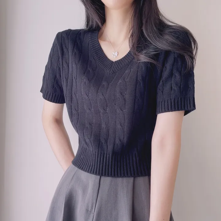 (6color/최저가 보장!) 실물보장! 색감에 반한, 마카롱 꽈배기 브이넥 크롭 반팔 니트 상세 이미지 33