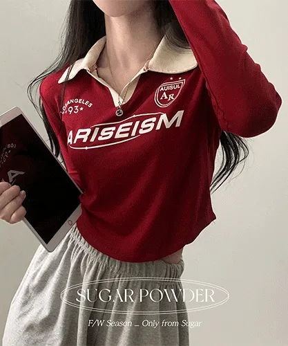 [단독진행/스포티🏁] 트렌디 그자체, 레터링 크롭 카라 배색 긴팔티셔츠 - 5color