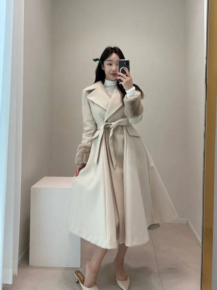 프리미엄 모직 울 누빔 카라 소매퍼 롱 원피스코트 3col 상세 이미지 3