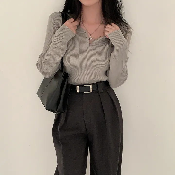 [4계절필수 디자인/연그레이 당일출고✨] 자체제작 #크치Made 젤리 버튼 트임 브이넥 골지 겨울 니트 긴팔티셔츠 - nt 상세 이미지 170