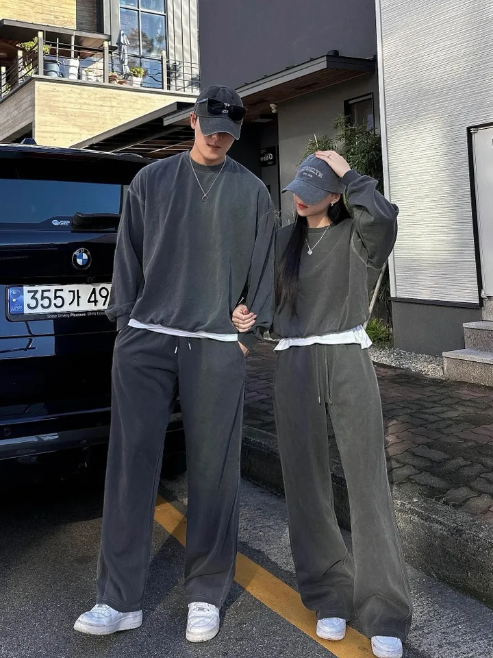 크롭~4XL/ 피그먼트 맨투맨 커플 트레이닝 세트 크롭 오버핏 남녀공용 팬츠 긴바지 겨울 봄 가을 커플룩 커플 시밀러룩 꾸안꾸 투피스 셋업 스트릿 남자 코디 데이트 빅사이즈 코마 상세 이미지 8