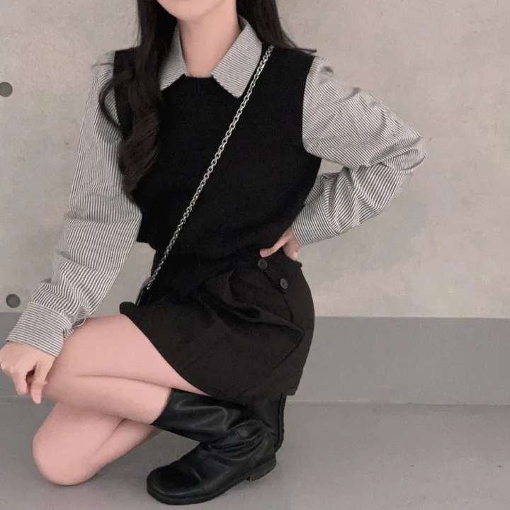 [단독/일체형!/✨주문폭주✨]올인원 쓰리버튼 레이어드 일체형 스트라이프 셔츠+니트조끼 상세 이미지 8