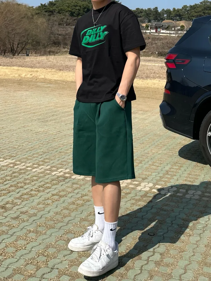 세트가능/ 남녀공용 오버핏 반팔 여름 커플룩 커플티 레터링 루즈핏 반팔 티셔츠 합포 핀턱 버뮤다 팬츠 밴딩 반바지 꾸안꾸 트레이닝 세트 커플 시밀러룩 빅사이즈 세트 스트릿 딜리 상세 이미지 15