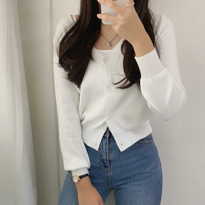 (데일리)소프트 기본 긴팔 니트 크롭 브이넥 가디건 5color 상세 이미지 3
