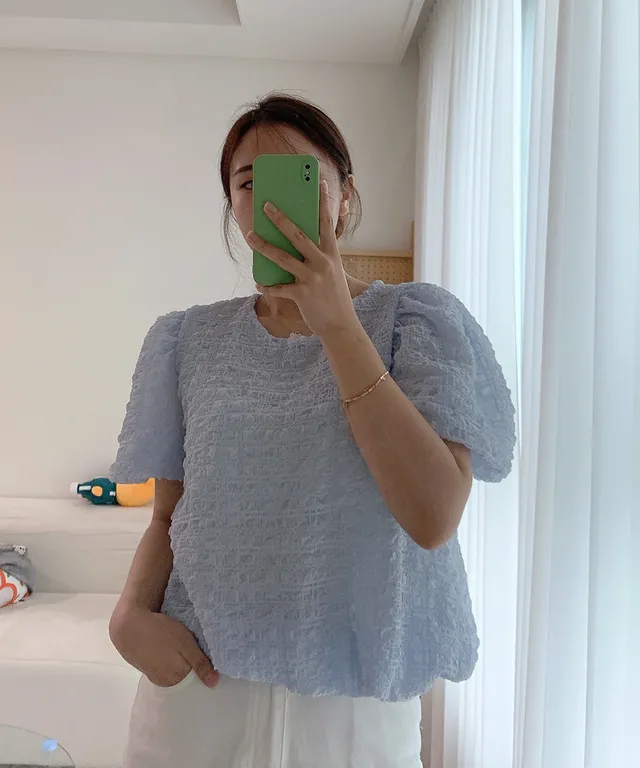 팝콘 벌룬 반팔 셔링 파스텔 엠보 링클 주름 크롭 블라우스 3color