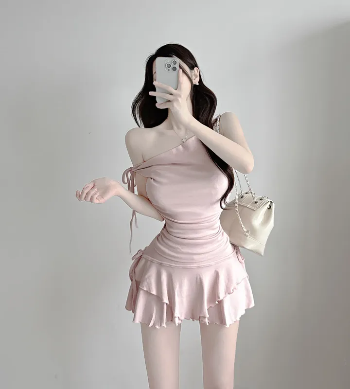 *허리잘록+여리여리❤‍🔥꼬모 언발 끈 셔링 나시 프릴 치마바지 스커트 투피스 세트 (3color) 상세 이미지 10