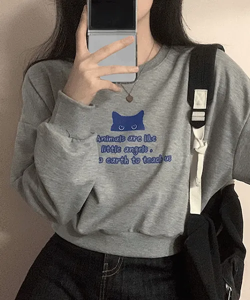 [꾸안꾸/아방핏!] 귀여움가득, 리틀 캣 크롭 맨투맨 [3color]