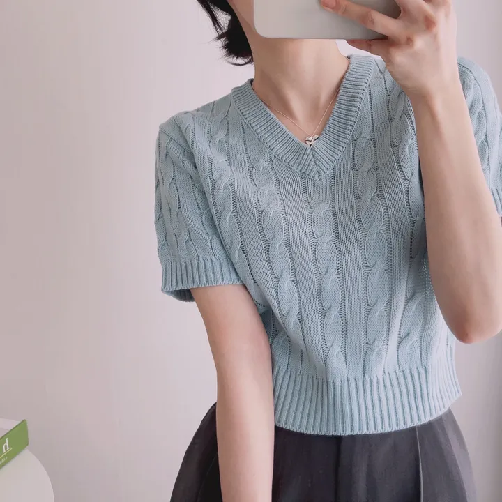 (6color/최저가 보장!) 실물보장! 색감에 반한, 마카롱 꽈배기 브이넥 크롭 반팔 니트 상세 이미지 8