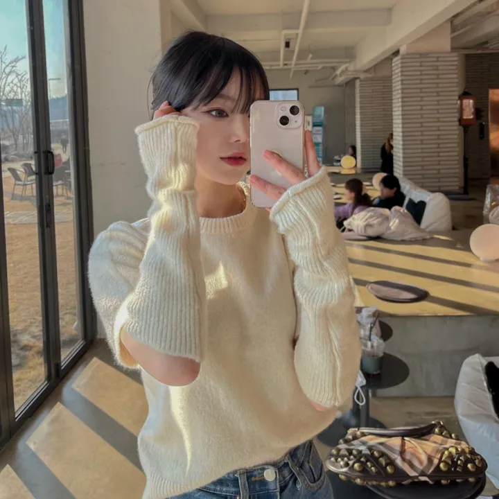 [워머SET/재진행‍🔥] 러블리 보들 울 핸드 워머 니트 세트 루즈핏 트임 반팔 니트티 라운드넥 토시 니트투피스 상세 이미지 9