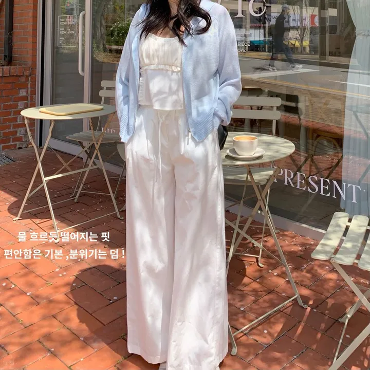 화이트 흰색 핀턱 밴딩 와이드 팬츠 상세 이미지 1