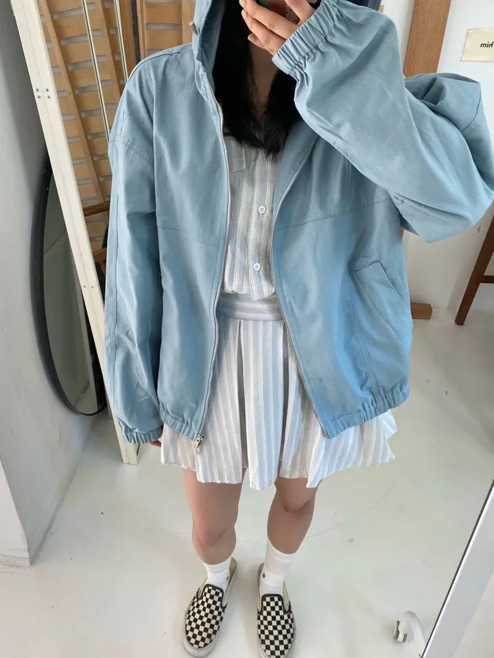 [🩵봄신상/오버핏/🩵반응폭주]데이 남녀공용 유니섹스 오버핏 스트링 스토퍼 투웨이 후드캡 간절기 아우터 바람막이 상세 이미지 5