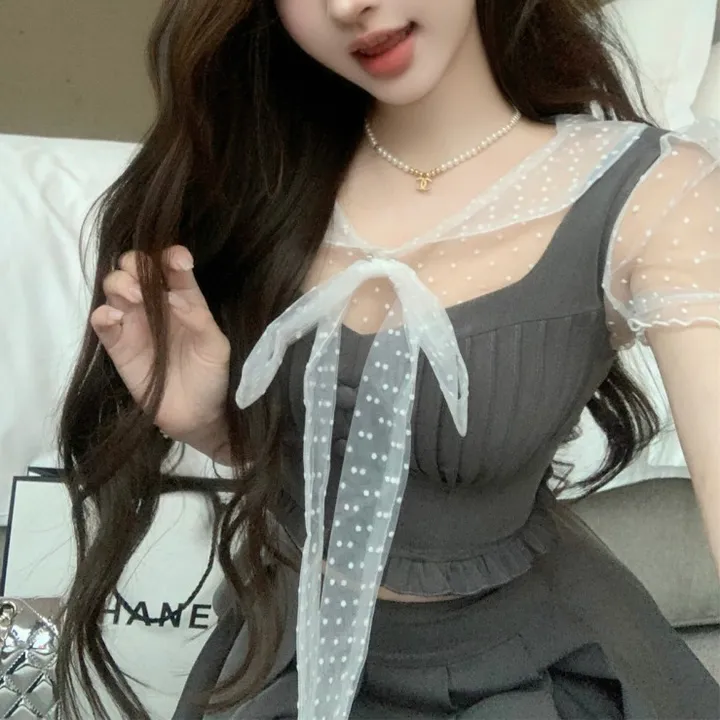 [쓰리피스SET] 도트 리본 시스루 블라우스 하이틴 테니스 뷔스티에 투피스 셋업 세트 상세 이미지 4