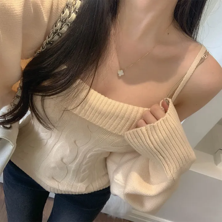 [찐애정템ㅠ고퀄버전*나시볼레로setෆ부유방삭제핏] 빈츠 꽈배기 끈나시 + 루즈핏 긴팔 볼레로 세트 니트 탑 나시 크롭 볼레로 가디건 스판 긴팔 투피스 세트 봄 가을 데일리룩 데이트 상세 이미지 14
