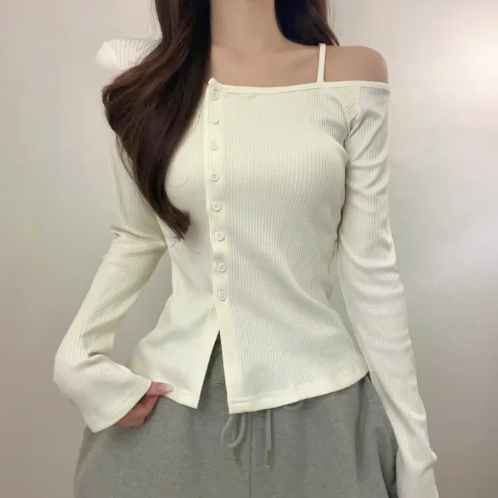 [청순섹시/쫀쫀] 원 오프숄더 사선 골지 버튼 가디건 긴팔티 (3color) 상세 이미지 2
