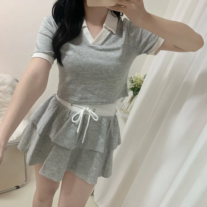 [세트가격/러블리💛] 플레인 배색 카라 크롭 반팔 + 밴딩 캉캉 치마바지 미니스커트 투피스 세트 4color 상세 이미지 11