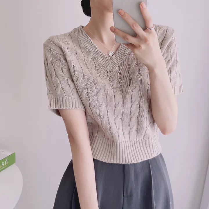 (6color/최저가 보장!) 실물보장! 색감에 반한, 마카롱 꽈배기 브이넥 크롭 반팔 니트 상세 이미지 14