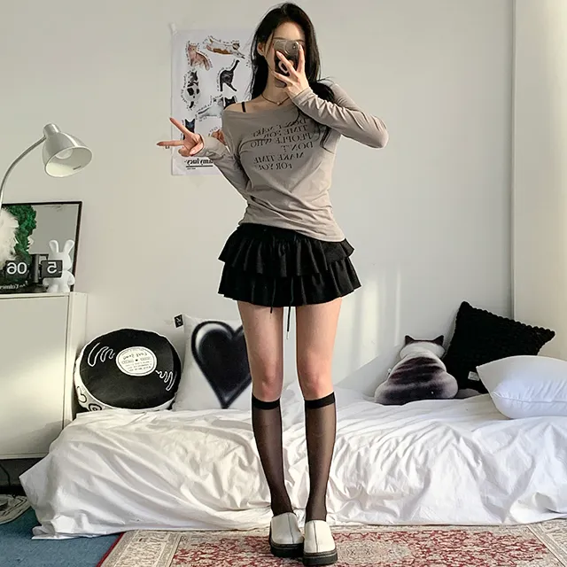 [날씬여리/3col] 해프닝 원숄더 레터링 시스루 긴팔 티셔츠 / 빈티지레터링 / 프린팅티셔츠 / 언발넥 / 오프숄더 / y2k / 트렌디 / 힙무드 / 군살커버 / 여리글램 상세 이미지 25