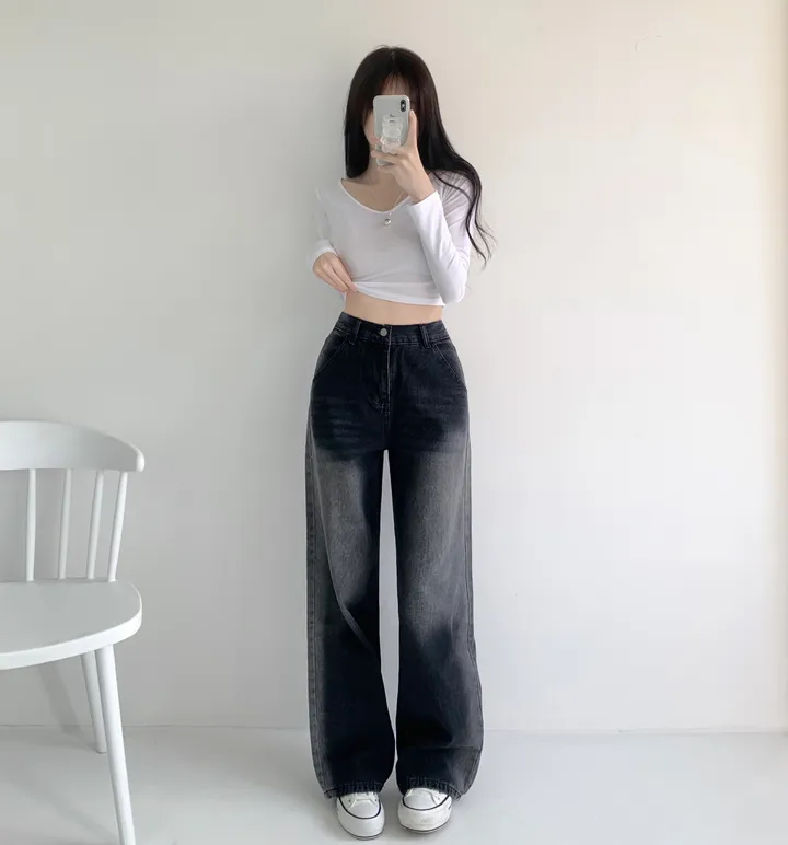 당일출고🚀[특가❤/핏보장] 선데이 원버튼 뒷밴딩 사이드 빈티지 워싱 하이웨스트 와이드 바지 데님팬츠 청바지 사계절청바지 상세 이미지 10