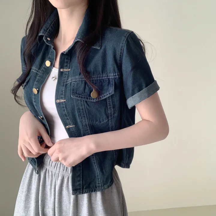 여름자켓종결🖤[데일리템!] 라이킷 라이드 투포켓 크롭 반팔 데님 셔츠 남방 청자켓 긴팔버전 추가 간절기 데님 아우터 상세 이미지 4
