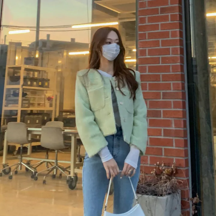 [2천장돌파‍🔥누빔선택!!] 앙고라 트위드 국내 펄 콕콕 퍼 겨울 트위드 자켓 노카라 포켓 간절기 하객룩 크롭 숏자켓 그린 소라 아이보리 핑크 상세 이미지 80