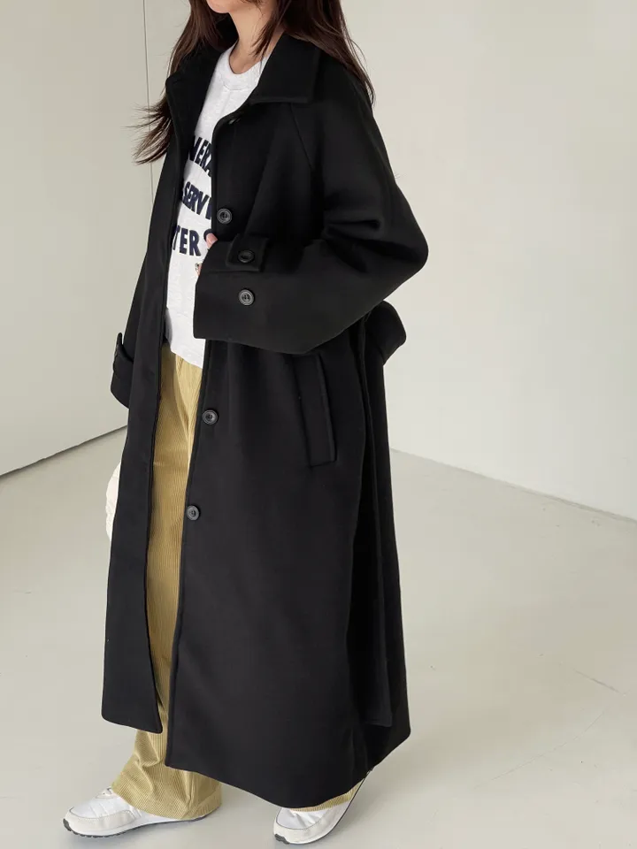 자바 벨티드 싱글 카라 롱 코트 상세 이미지 3