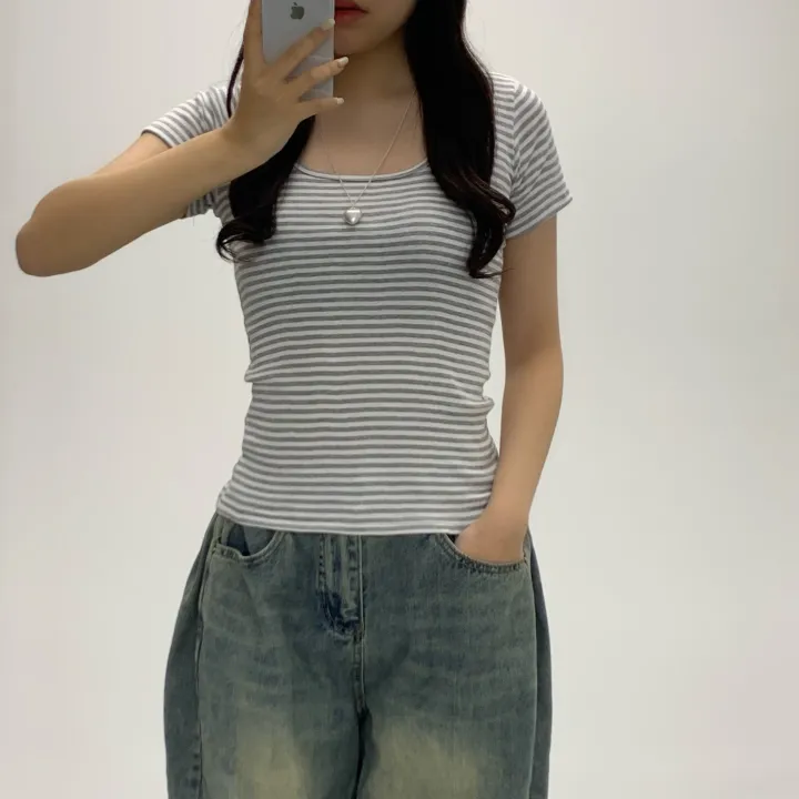 [슬림여리핏/핏보장] 제나 라운드 줄무늬 단가라 반소매티셔츠 여름반팔 기본티셔츠 (3Col) 상세 이미지 14