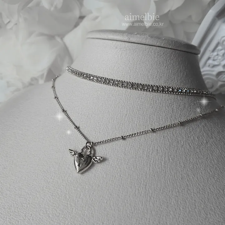 [츄, 조유리 착용] Angelic Heart Lock 엔젤 하트 자물쇠 큐빅 초커 레이어드 목걸이 - 실버 컬러 상세 이미지 9
