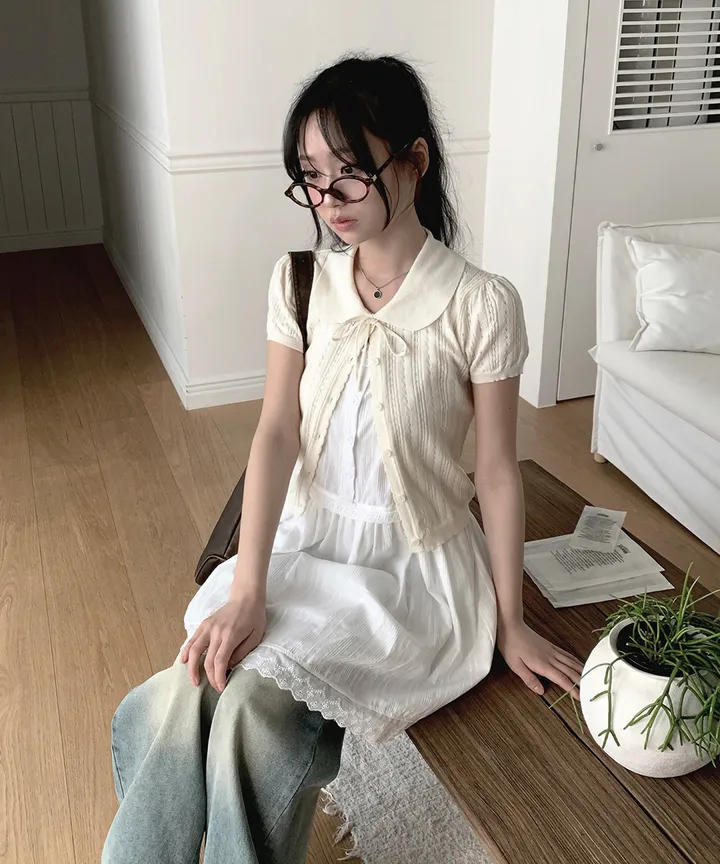 [러블리🌷반팔가디건] 게일 둥근 카라 리본 스트랩 크롭 반팔 가디건 봄 여름 가을 / 여름가디건 남방 크롭티 반팔티 흰티 이너티 아우터 뮤잉 상세 이미지 21