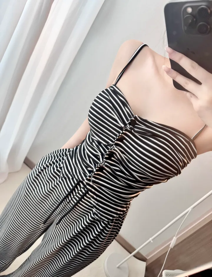 [집앞마실룩🖤/세트가격] 스트라이프 단가라 트레이닝 나시 와이드팬츠 세트 투피스 상세 이미지 6