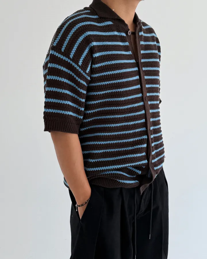 [온트추천] (UNISEX) 모리 스트라이프 카라 반팔 가디건 상세 이미지 27