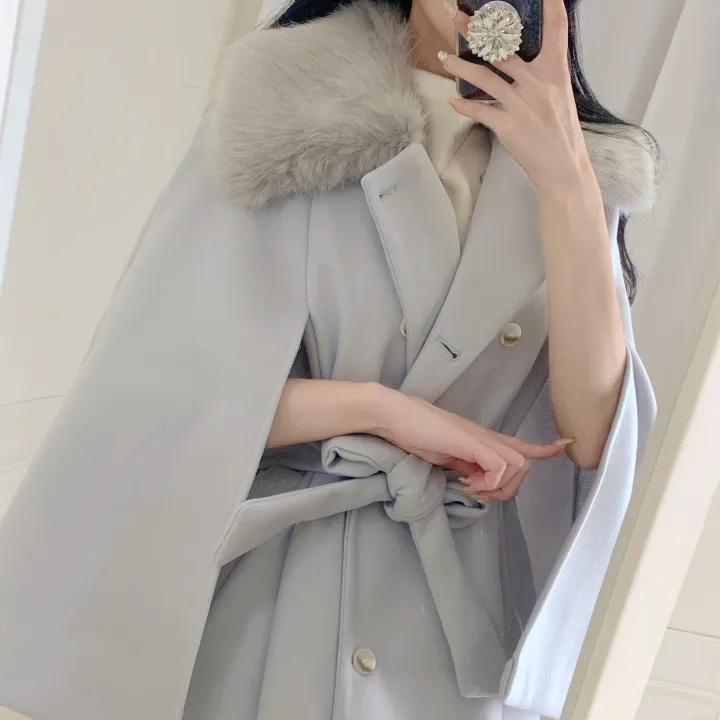 [롱케이프코트💗/고퀄보장✨] 롱VER. 알콩 울 캐시미어 폭스퍼 페이크퍼 밍크퍼 누빔안감 케이프 벨트 버튼 고급 우아 롱 판쵸 코트 망토 자켓 (4color) 연말룩 크리스마스 상세 이미지 29