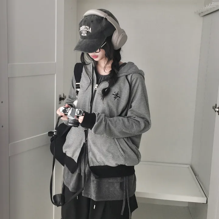[투웨이지퍼!/유니크힙🖤] 여유핏 루즈핏 스트라이프 단가라 후드 집업 상세 이미지 6
