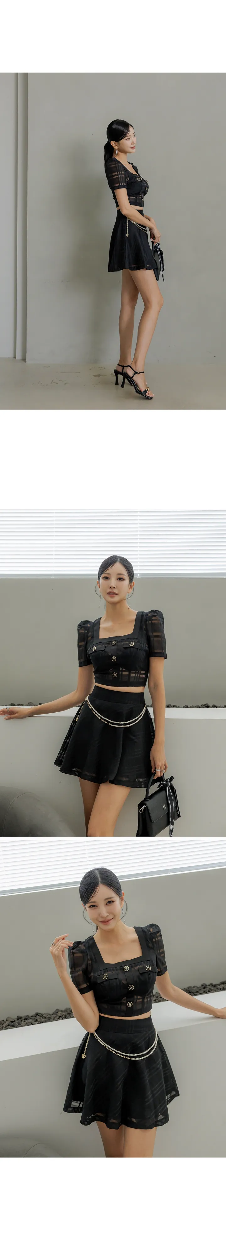 루브아 체크 크롭 블라우스 & 진주체인 미니 스커트 SET 상세 이미지 4