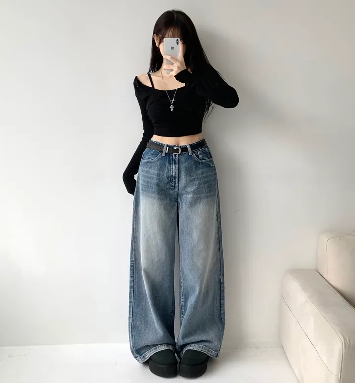 [모델소장🖤/기장선택/~XL] 페이블 3기장 힙 빈티지 워싱 하이웨스트 로우 밑단 스냅 조거 와이드 데님 팬츠 청바지 키작녀 키큰녀 남녀공용 사계절팬츠 빅사이즈 상세 이미지 2