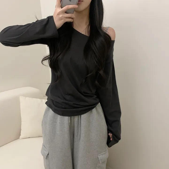 [-3kg/여리루즈핏!] 오프숄더 심플 루즈 여리 기본템 긴팔 티셔츠 (5color) 상세 이미지 14