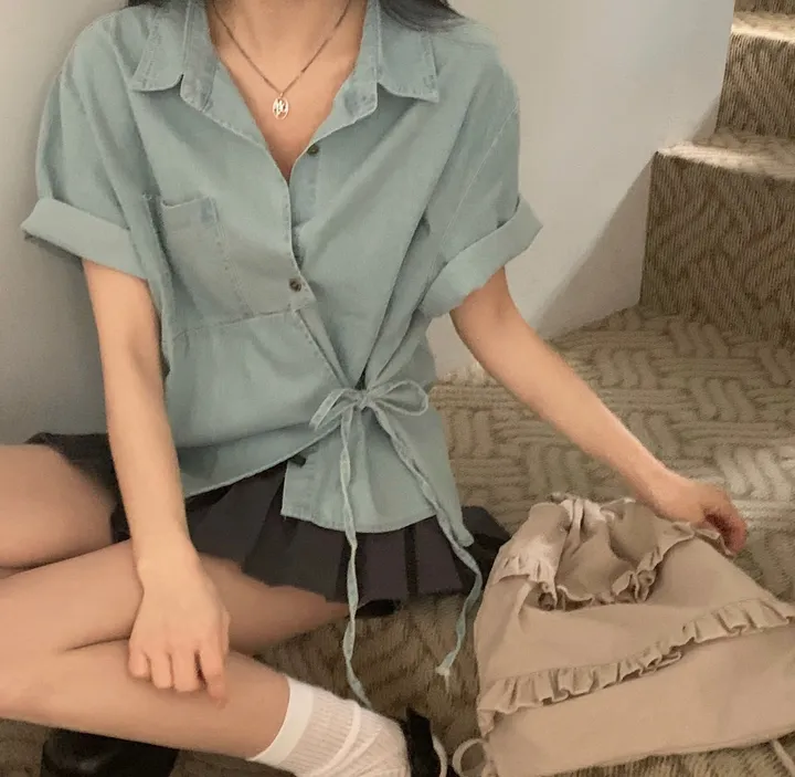 [단독판매🤍/리본포인트!] 데님 사이드 리본 포인트, 루즈핏 카라셔츠 남방 - 2color 상세 이미지 13