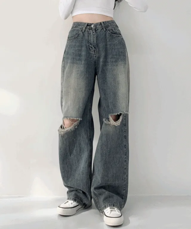 당일발송🚀[숏&롱/~XL] 유니온 무파진 빈티지 무릎 찢청 디스트로이드 롱 와이드 하이웨스트 데님 팬츠 기장선택 키큰녀 키작녀 빅사이즈