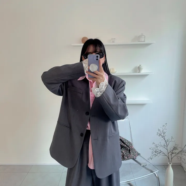 [봄best/데이트룩/하객룩] 쌜린 노카라 레이스자켓 봄 아우터 오버핏자켓 박스핏자켓 루즈핏자켓 싱글 봄자켓 상세 이미지 7