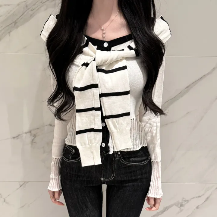 [페이크숄/일체형] 단가라 세라 배색 니트 가디건 상세 이미지 1